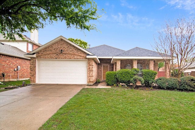 12072 Half Hitch Trl, Frisco, TX 75035 - ranch-style house featuring roof with shingles, a front yard, brick siding, an attached garage, and concrete driveway