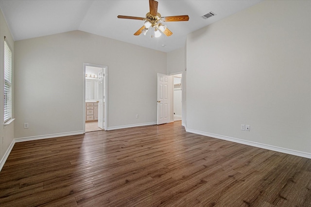 12072 Half Hitch Trl, Frisco, TX 75035 - interior space with visible vents, baseboards, connected bathroom, vaulted ceiling, and wood finished floors