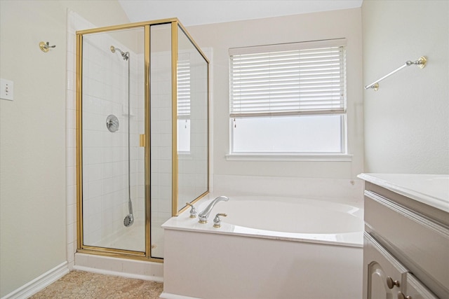 12072 Half Hitch Trl, Frisco, TX 75035 - bathroom featuring a stall shower, a garden tub, and vanity