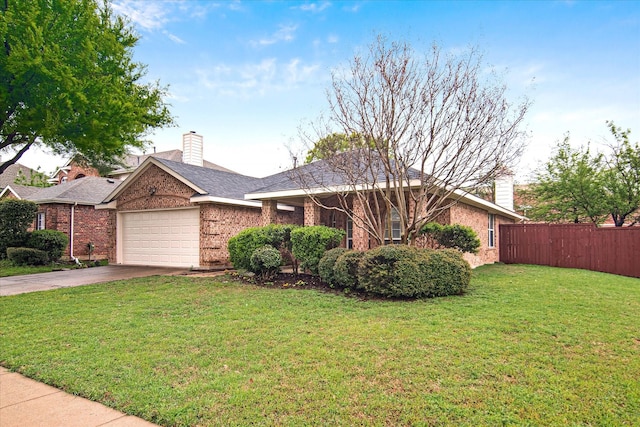 12072 Half Hitch Trl, Frisco, TX 75035 - ranch-style house featuring a front yard, fence, brick siding, an attached garage, and a chimney
