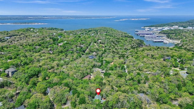 aerial view with a water view and a wooded view