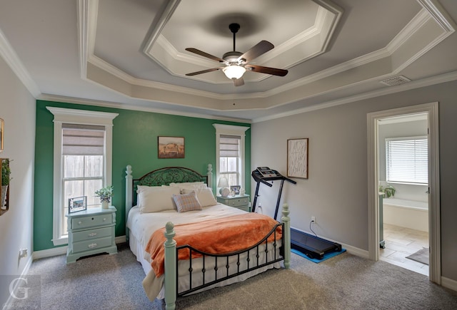 5310 Lucerne Ln, Bossier City, LA 71112 - bedroom featuring a tray ceiling, crown molding, carpet flooring, and multiple windows