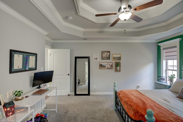 5310 Lucerne Ln, Bossier City, LA 71112 - bedroom with baseboards, carpet flooring, crown molding, visible vents, and a tray ceiling