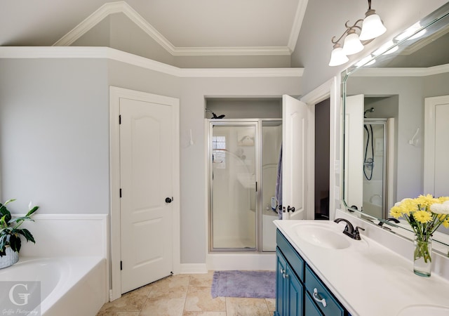 5310 Lucerne Ln, Bossier City, LA 71112 - bathroom featuring double vanity, a sink, ornamental molding, and a stall shower