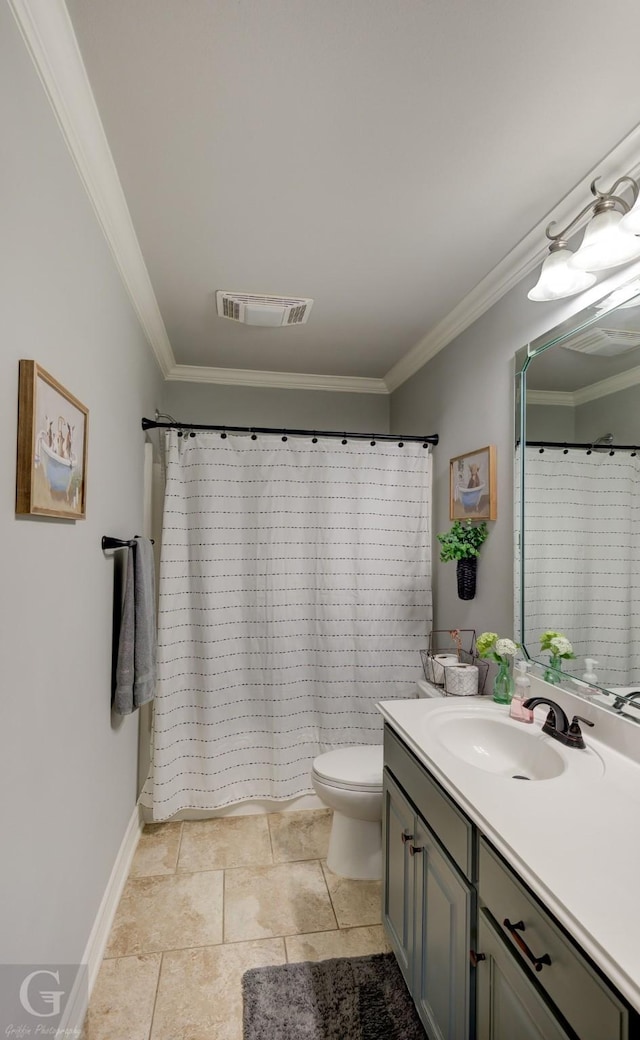 5310 Lucerne Ln, Bossier City, LA 71112 - full bathroom with vanity, baseboards, ornamental molding, toilet, and visible vents