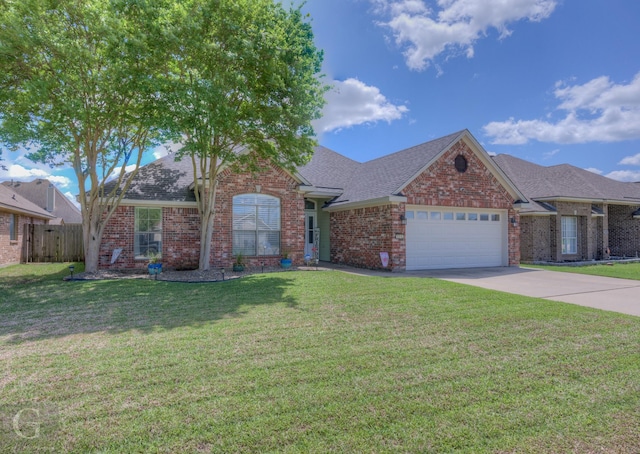 5310 Lucerne Ln, Bossier City, LA 71112 - ranch-style home with an attached garage, a front yard, brick siding, fence, and a shingled roof