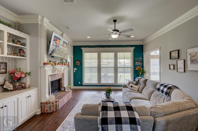 5310 Lucerne Ln, Bossier City, LA 71112 - living area with ornamental molding, a ceiling fan, a brick fireplace, and a wealth of natural light