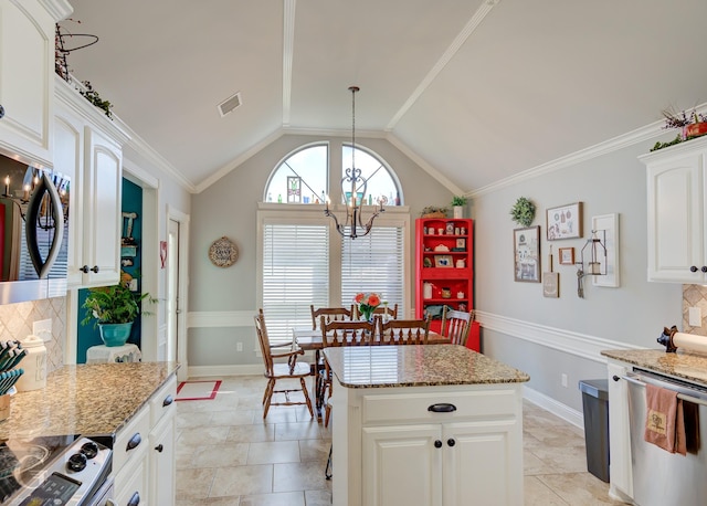 5310 Lucerne Ln, Bossier City, LA 71112 - kitchen featuring a notable chandelier, backsplash, light stone countertops, visible vents, and appliances with stainless steel finishes