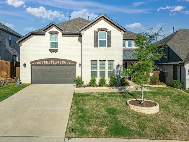 view of front of property with a garage, a front lawn, fence, brick siding, and concrete driveway