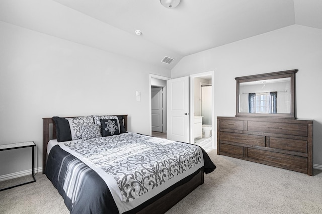 bedroom featuring baseboards, visible vents, carpet, and lofted ceiling