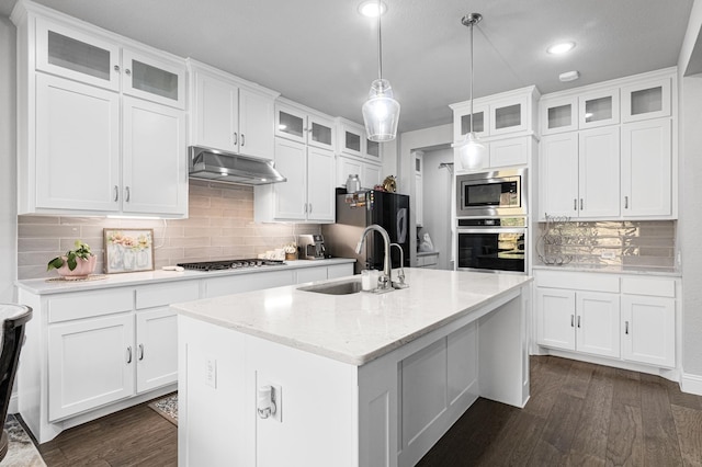 kitchen with decorative backsplash, a sink, under cabinet range hood, stainless steel appliances, and dark wood-type flooring