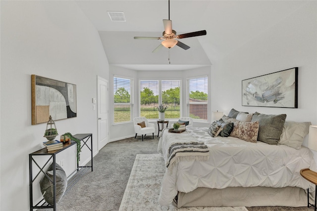 bedroom featuring high vaulted ceiling, baseboards, a ceiling fan, and carpet flooring