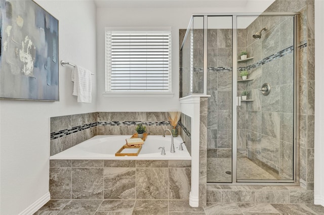 full bath with a garden tub and a shower stall