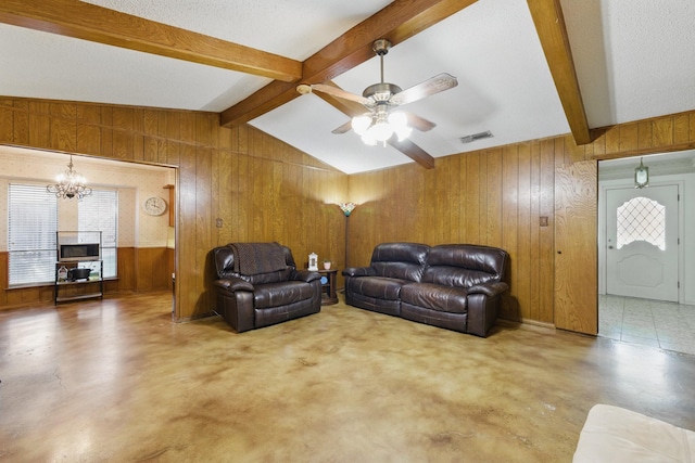 112 Charles St, Desoto, TX 75115 - living room featuring wooden walls, visible vents, vaulted ceiling with beams, and ceiling fan with notable chandelier