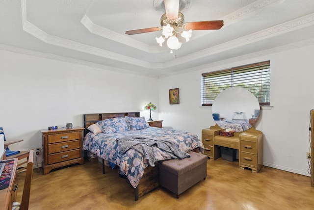 112 Charles St, Desoto, TX 75115 - bedroom featuring a tray ceiling, finished concrete floors, ceiling fan, and crown molding