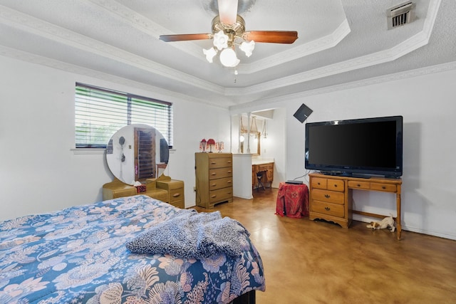 112 Charles St, Desoto, TX 75115 - bedroom featuring a tray ceiling, visible vents, a ceiling fan, ornamental molding, and finished concrete floors