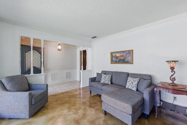112 Charles St, Desoto, TX 75115 - living room with crown molding, a textured ceiling, and visible vents