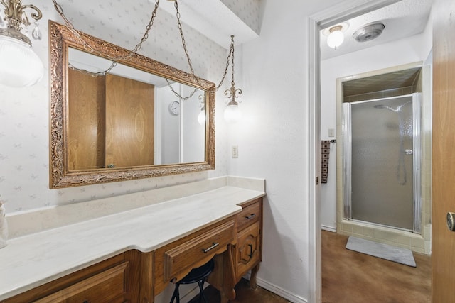 112 Charles St, Desoto, TX 75115 - full bathroom with vanity, wallpapered walls, and a stall shower