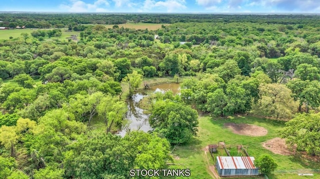 bird's eye view with a forest view and a water view