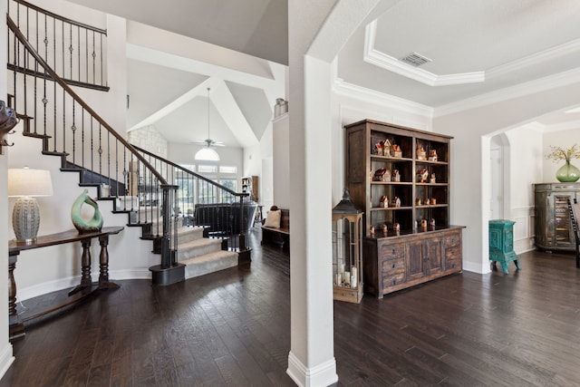 619 Southwestern Dr, Rockwall, TX 75087 - entrance foyer featuring hardwood / wood-style flooring, stairway, arched walkways, and ceiling fan