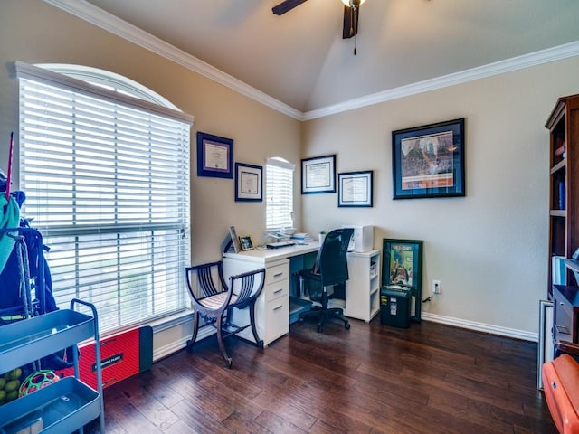 175 Balfour Dr, Fate, TX 75189 - office space with lofted ceiling, dark wood-style flooring, ceiling fan, and crown molding
