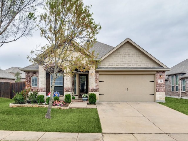 craftsman-style home with a front yard, a garage, brick siding, fence, and concrete driveway