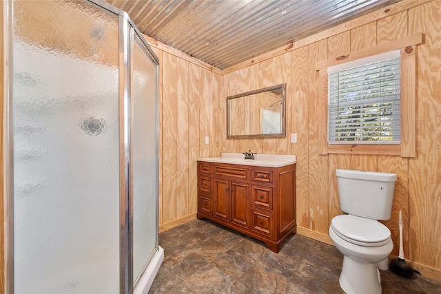 full bath featuring toilet, a stall shower, wooden ceiling, and vanity