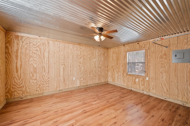 spare room featuring electric panel, wood walls, ceiling fan, wooden ceiling, and wood finished floors