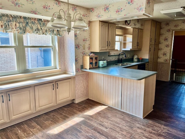 2124 Parkhaven Dr, Plano, TX 75075 - kitchen featuring dark wood-type flooring, a textured ceiling, a peninsula, a sink, and wallpapered walls
