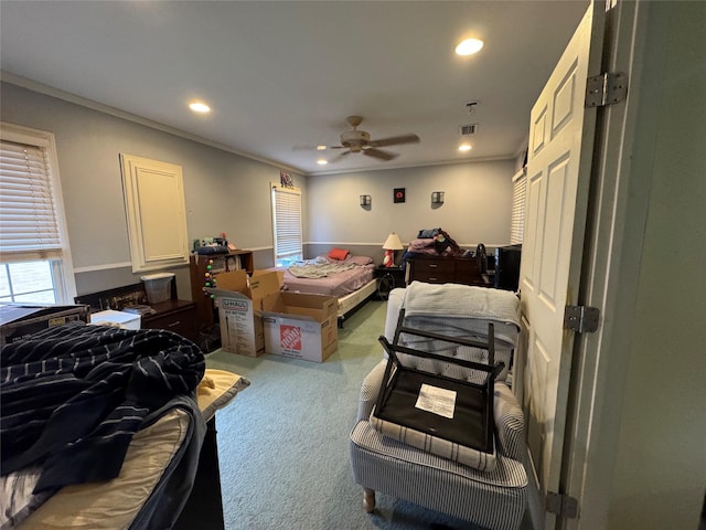 2124 Parkhaven Dr, Plano, TX 75075 - carpeted bedroom featuring ornamental molding, recessed lighting, visible vents, and a ceiling fan