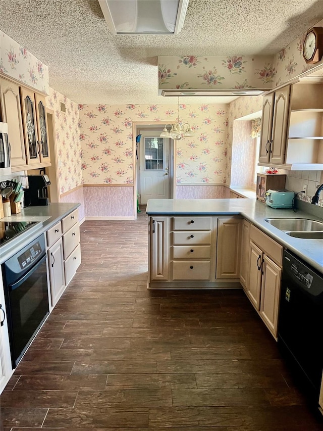 2124 Parkhaven Dr, Plano, TX 75075 - kitchen featuring a textured ceiling, black appliances, a sink, wallpapered walls, and dark wood-style floors