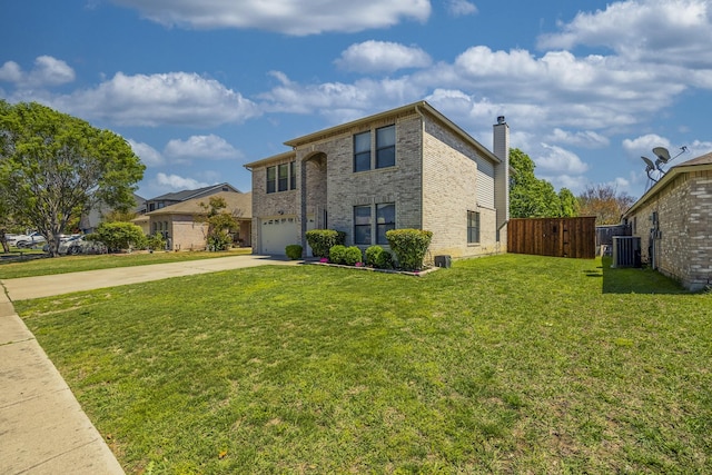 3144 Longbow Dr, Grand Prairie, TX 75052 - view of front of house featuring a front yard, a chimney, brick siding, concrete driveway, and an attached garage