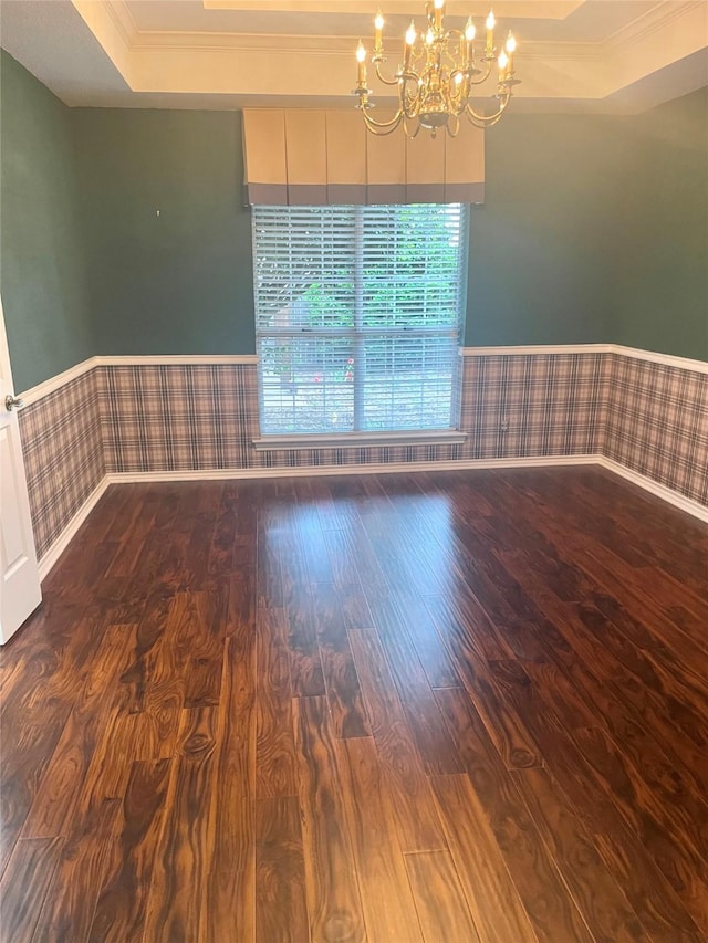 spare room featuring a chandelier, wainscoting, wood finished floors, and a raised ceiling