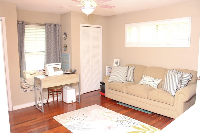 7650 Shade Tree Ln, Celina, TX 75009 - living area featuring ceiling fan, wood finished floors, baseboards, and an office area