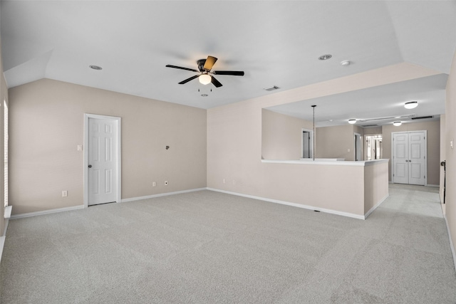 5921 Colby Dr, Plano, TX 75094 - unfurnished living room featuring visible vents, ceiling fan, light carpet, and baseboards