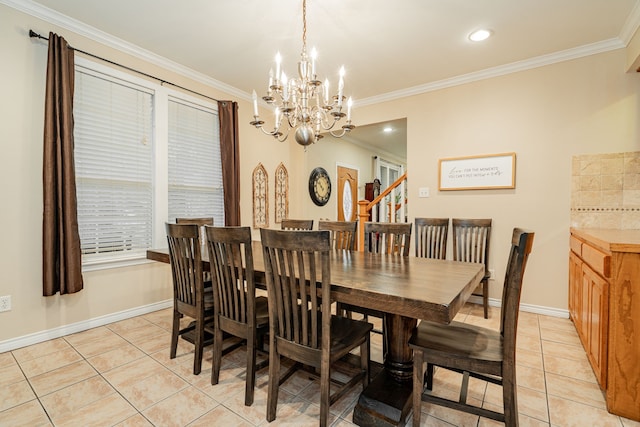 dining area with crown molding, light tile patterned floors, baseboards, and an inviting chandelier