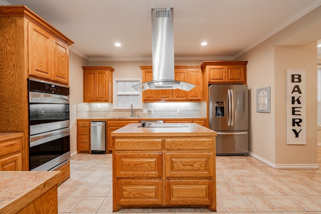 kitchen featuring crown molding, a center island, appliances with stainless steel finishes, light tile patterned flooring, and island range hood