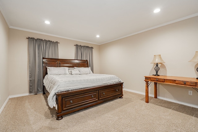 bedroom featuring ornamental molding, baseboards, recessed lighting, and light carpet