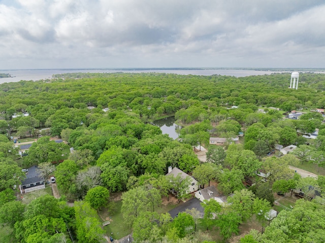 bird's eye view featuring a water view and a view of trees