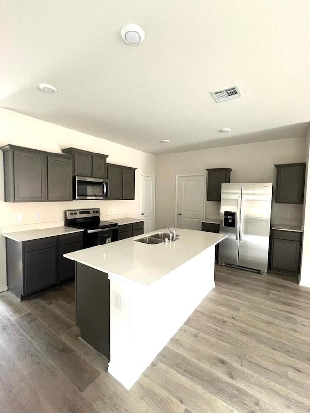 kitchen featuring visible vents, a center island with sink, appliances with stainless steel finishes, light wood finished floors, and a sink