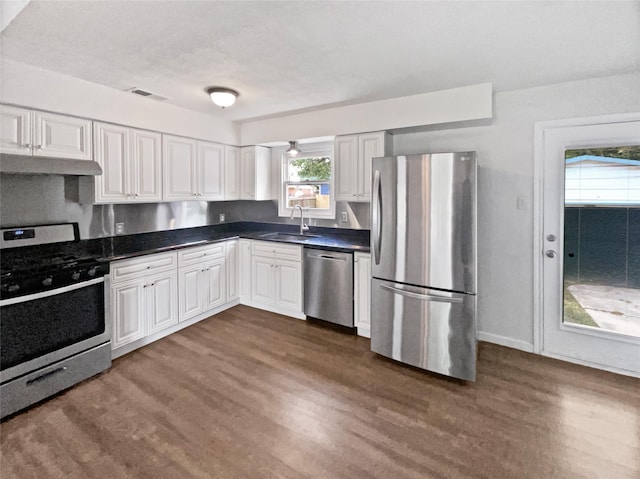 1209 Sylvan Dr, Garland, TX 75040 - kitchen with appliances with stainless steel finishes, a sink, dark wood-style floors, under cabinet range hood, and dark countertops