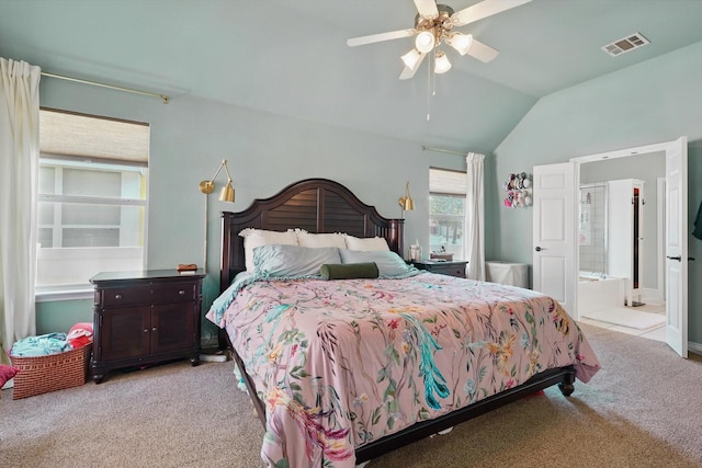 1236 Spanish Moss Dr, Savannah, TX 76227 - bedroom with light colored carpet, lofted ceiling, ceiling fan, and ensuite bath