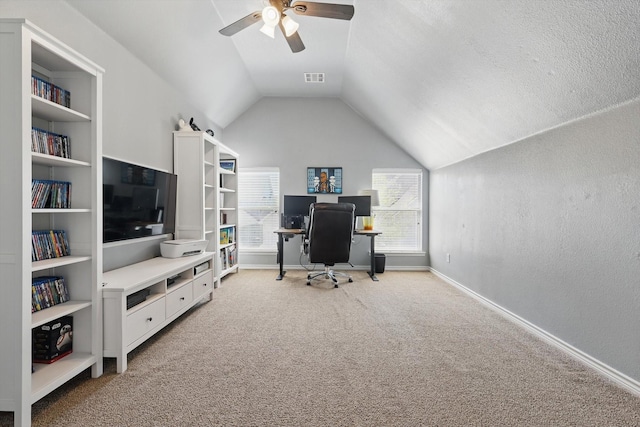 1236 Spanish Moss Dr, Savannah, TX 76227 - office space with light colored carpet, vaulted ceiling, ceiling fan, and baseboards