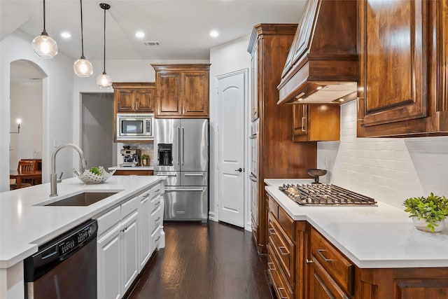 2542 Morgan Ln, Trophy Club, TX 76262 - kitchen featuring stainless steel appliances, a sink, arched walkways, premium range hood, and dark wood-type flooring