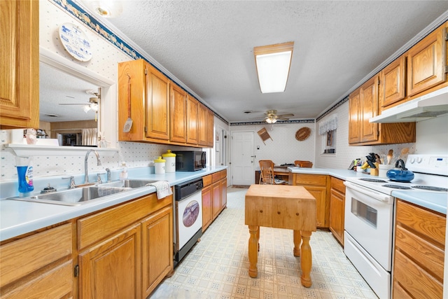 2107 Elizabeth Dr, Brownwood, TX 76801 - kitchen with a sink, a ceiling fan, white appliances, and light floors
