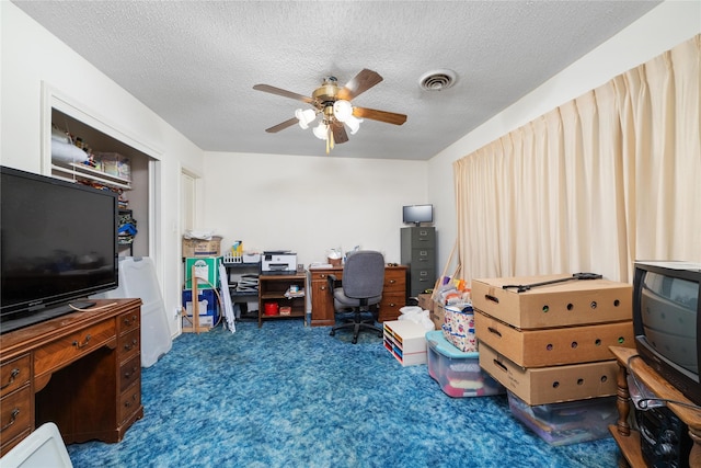 2107 Elizabeth Dr, Brownwood, TX 76801 - carpeted home office with a textured ceiling, a ceiling fan, and visible vents