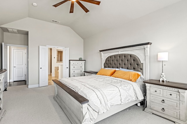 1036 Wedgewood Dr, Forney, TX 75126 - bedroom featuring light carpet, lofted ceiling, connected bathroom, ceiling fan, and baseboards