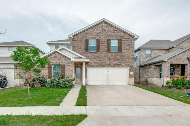 5219 Amistad Ave, Royse City, TX 75189 - traditional-style home with brick siding, a garage, concrete driveway, and a front yard