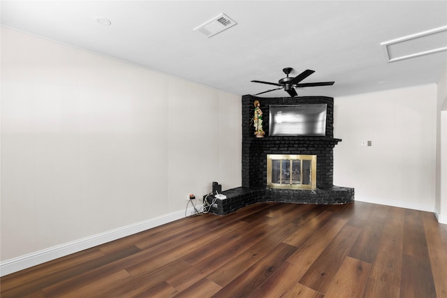 4109 Timberline Dr, Garland, TX 75042 - unfurnished living room featuring wood finished floors, a brick fireplace, and ceiling fan