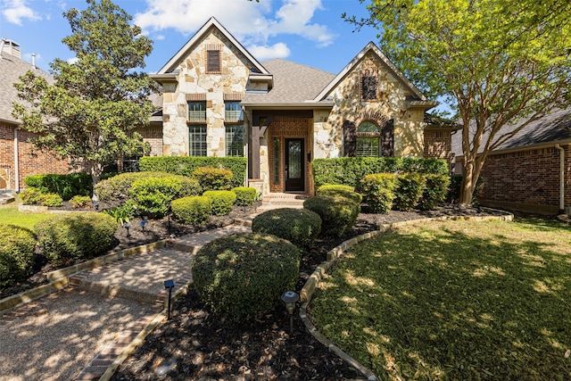 429 S Hampton Ct, Lewisville, TX 75056 - view of front of house featuring brick siding, a front lawn, stone siding, and roof with shingles